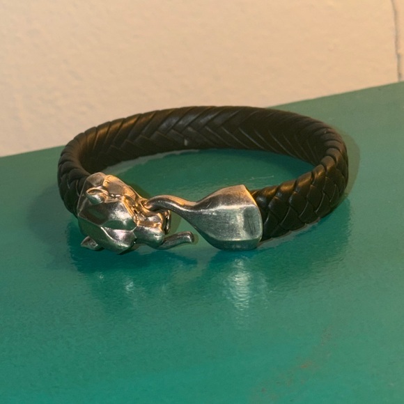 Men’s Effy Sterling Silver Panther Head Black Leather Bracelet